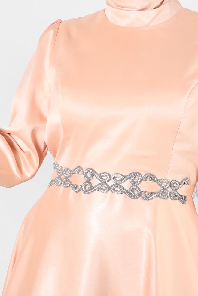 Vêtements hijab POUDRE ROBE DE SOIRÉE EN MOUSSELINE AVEC CEINTURE ET BRODERIE 50315 - ALVİNA