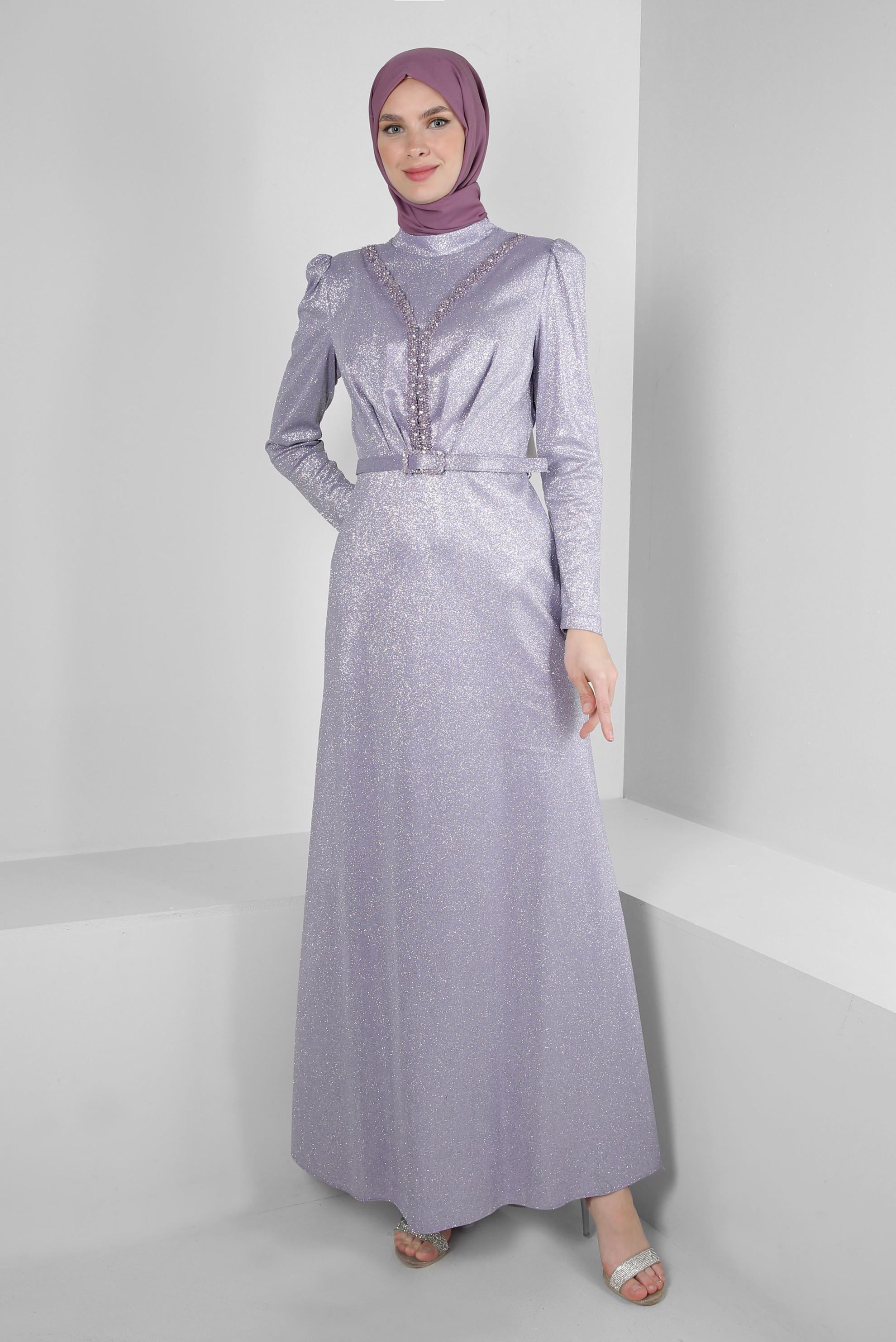 Tesettür giyim MOR SİMLİ TAŞ DETAYLI ABİYE ELBİSE 50317