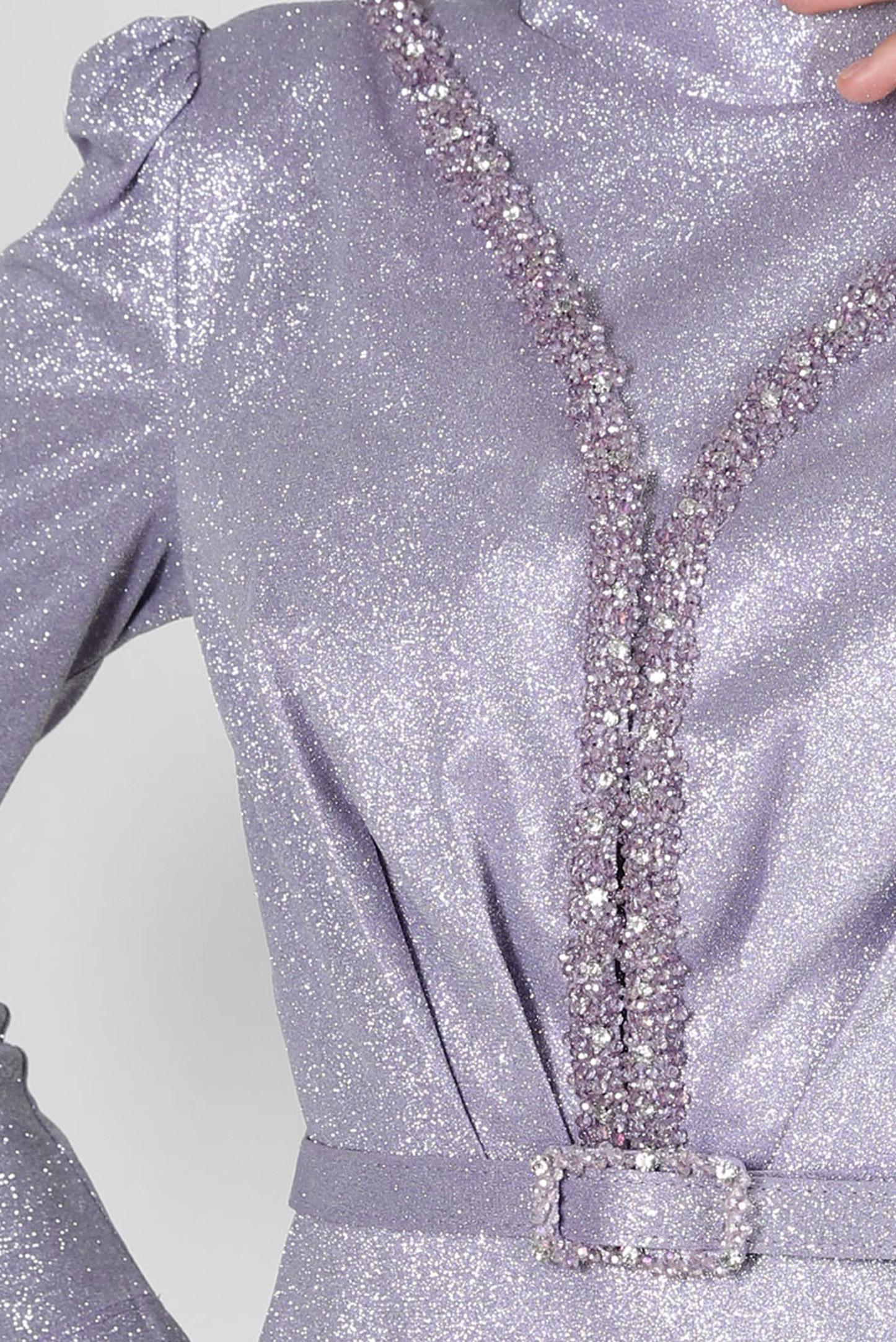 Tesettür giyim MOR SİMLİ TAŞ DETAYLI ABİYE ELBİSE 50317