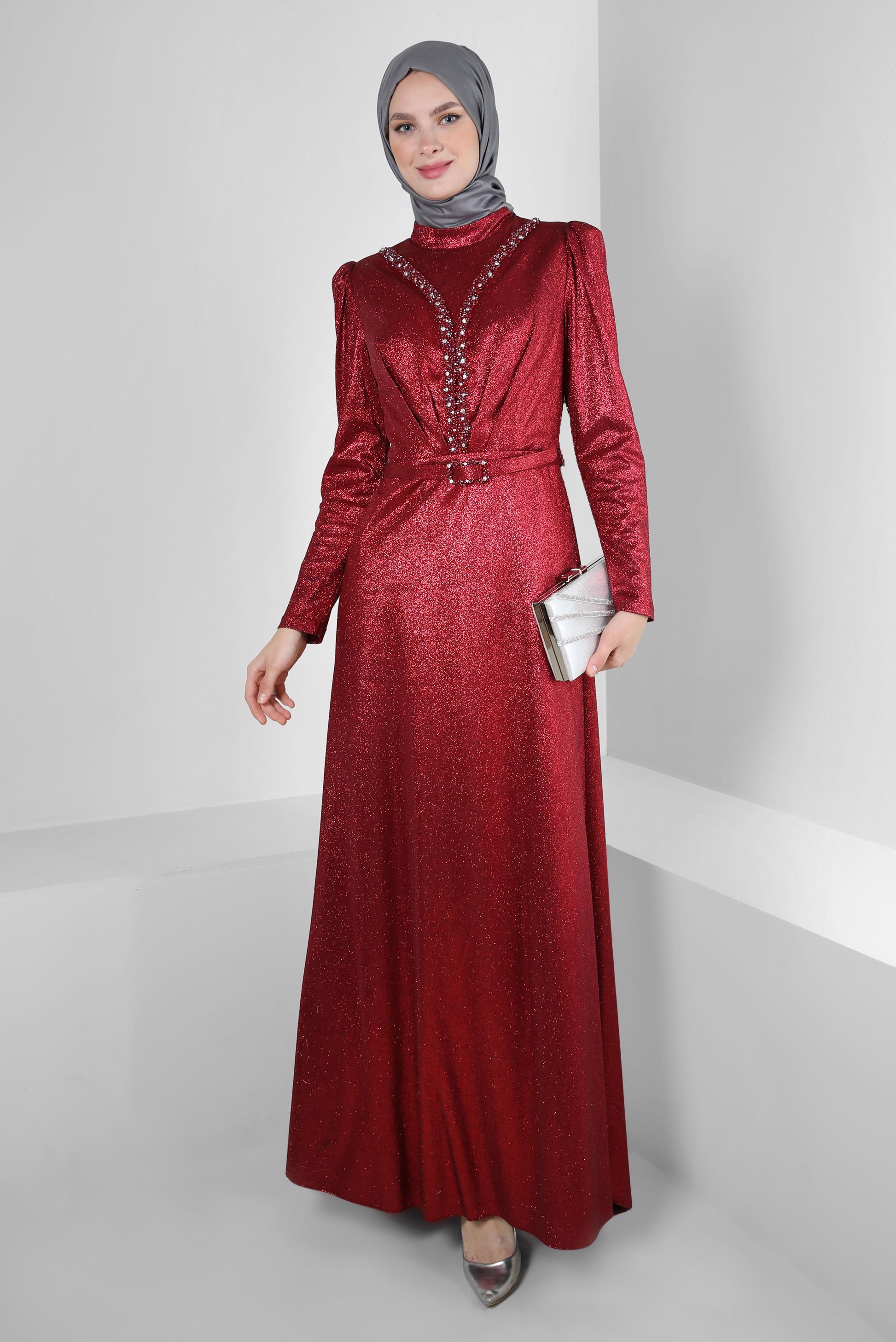 Tesettür giyim BORDO SİMLİ TAŞ DETAYLI ABİYE ELBİSE 50317