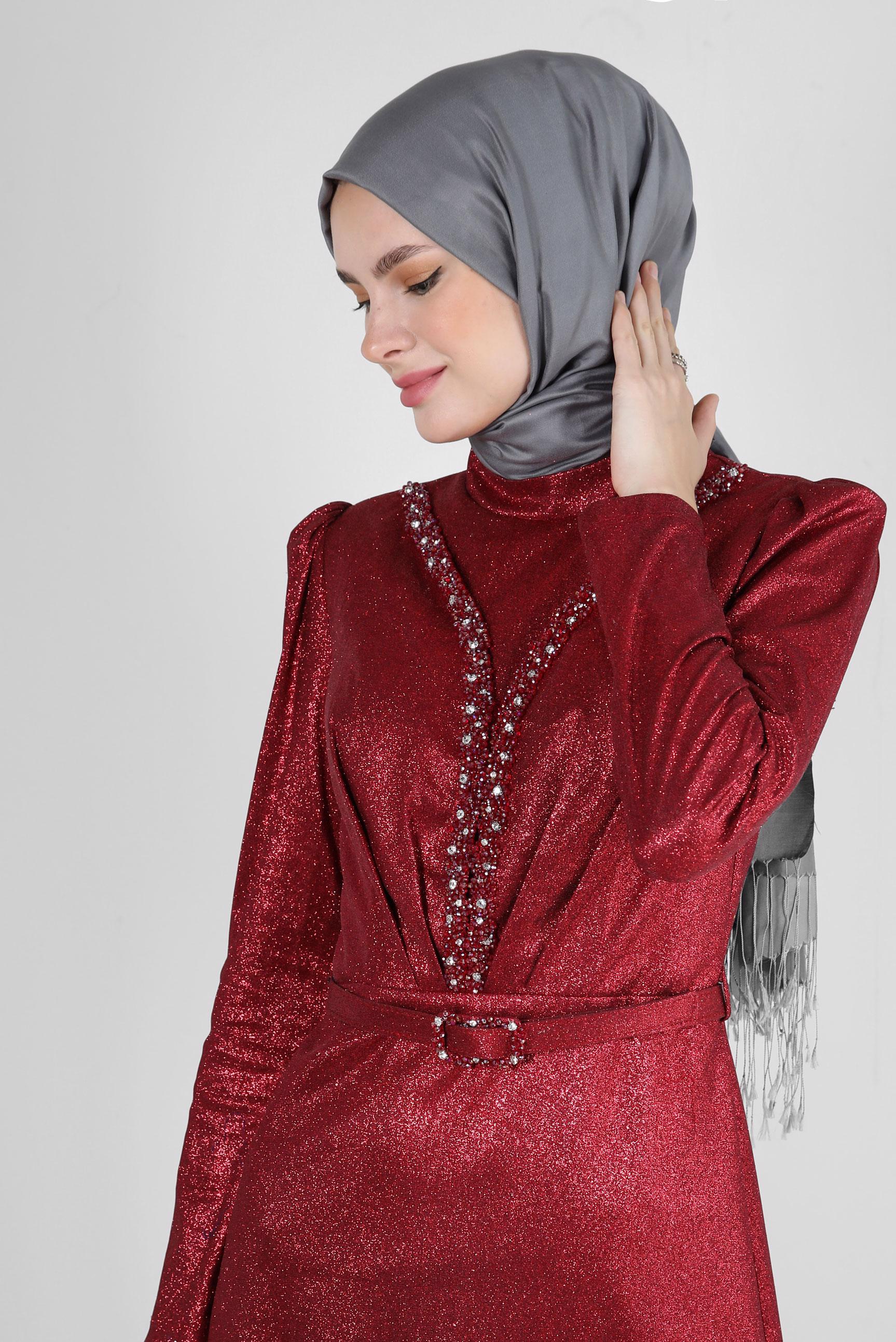 Tesettür giyim BORDO SİMLİ TAŞ DETAYLI ABİYE ELBİSE 50317