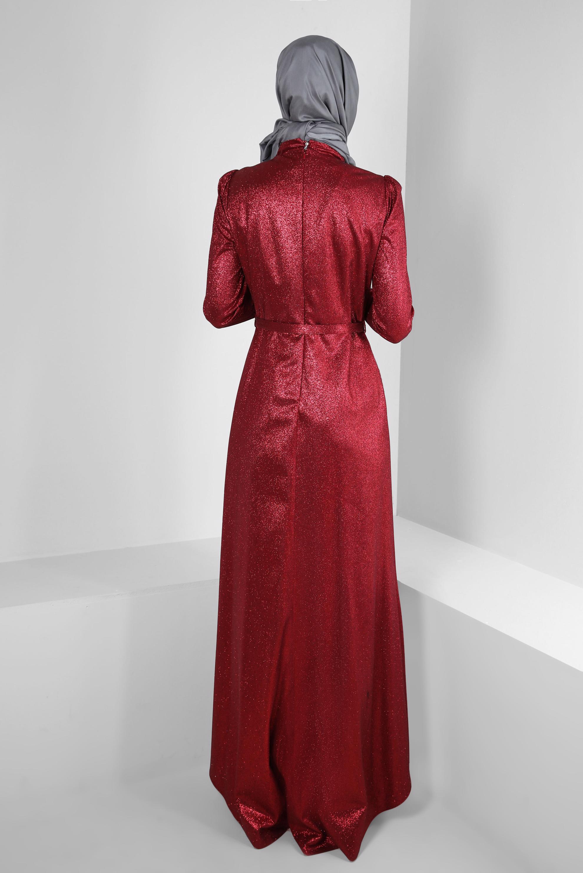 Tesettür giyim BORDO SİMLİ TAŞ DETAYLI ABİYE ELBİSE 50317