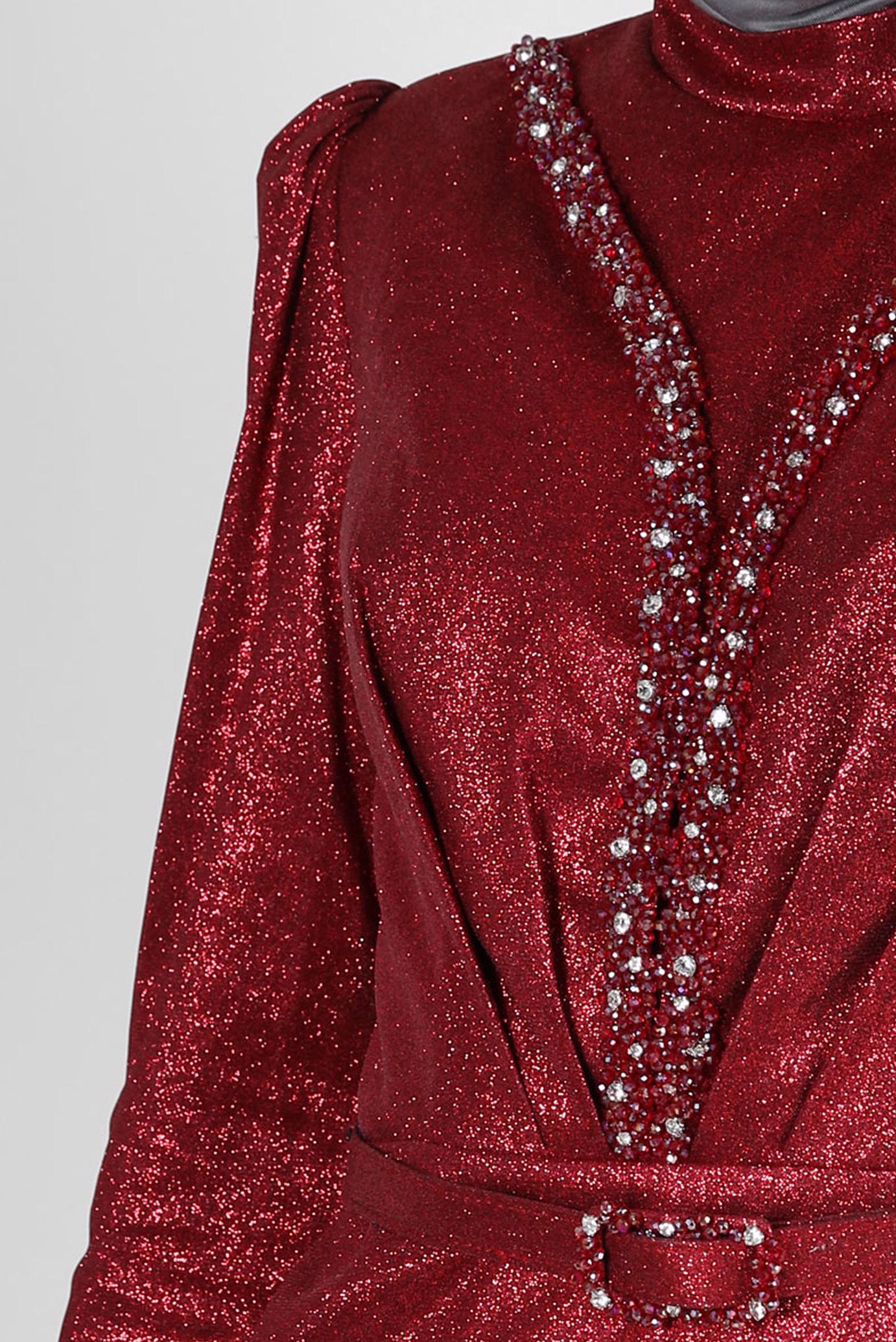 Tesettür giyim BORDO SİMLİ TAŞ DETAYLI ABİYE ELBİSE 50317