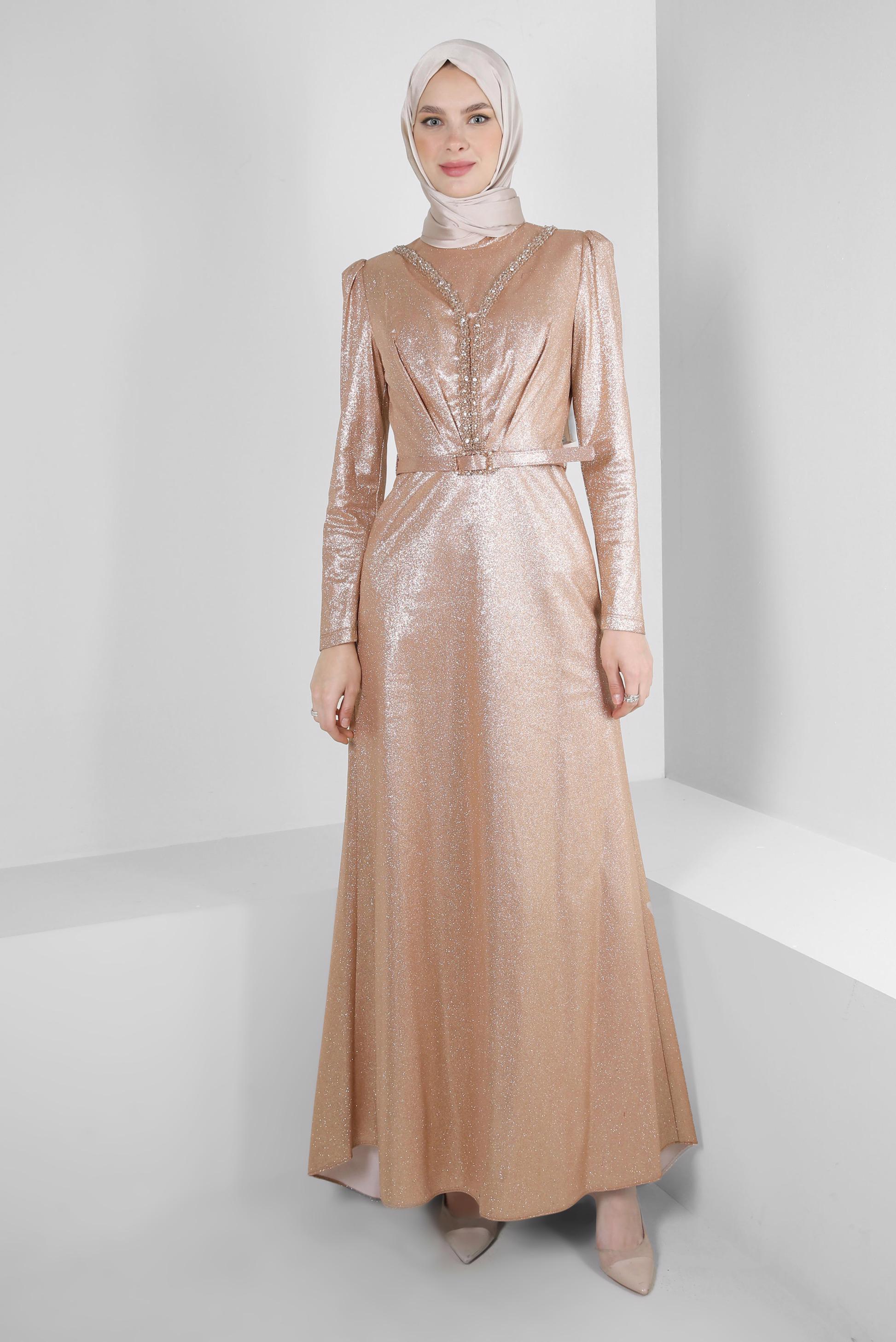 Vêtements hijab POUDRE ROBE DE SOIRÉE EN PAILLETTES AVEC GEM BRODÉ 50317