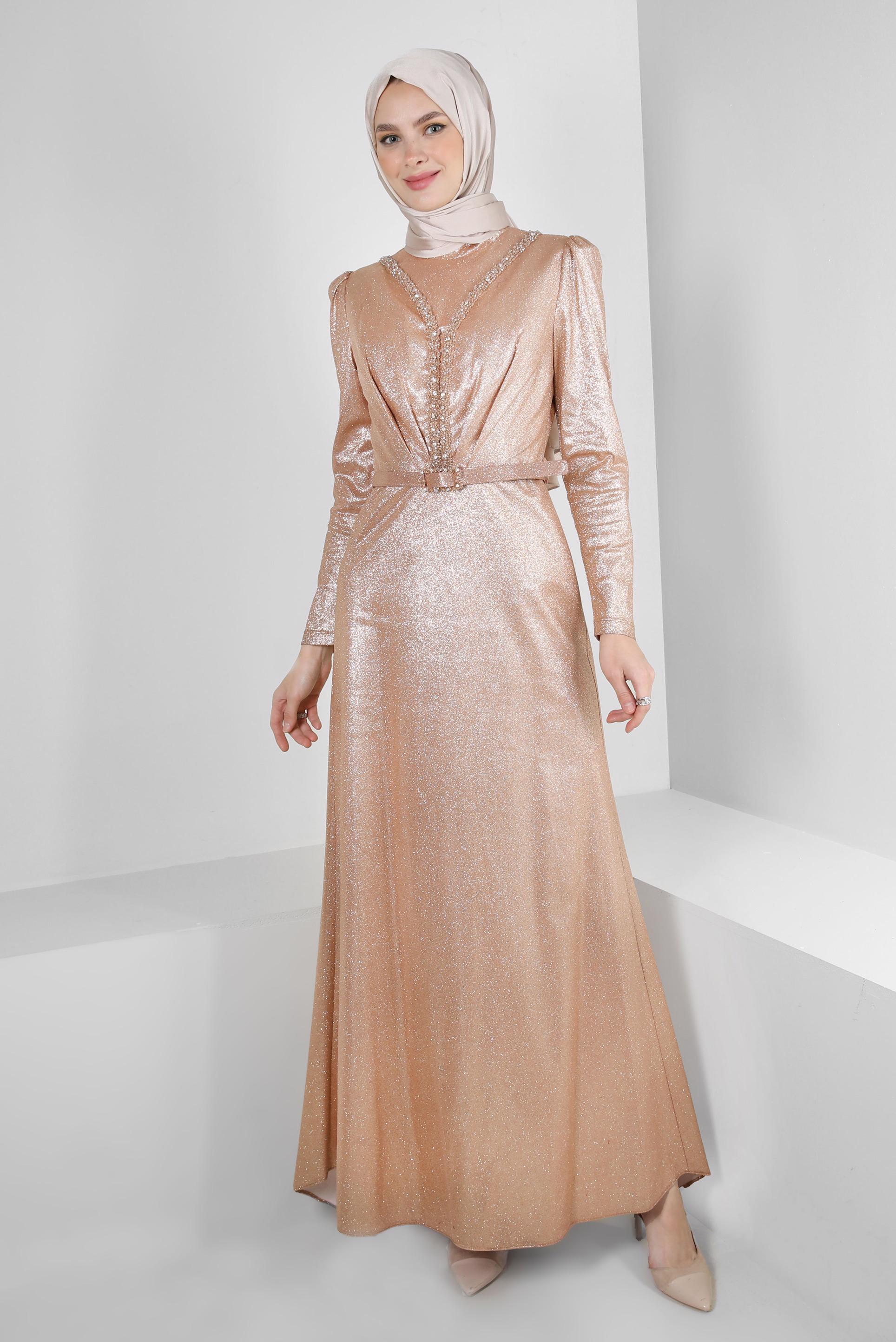 Vêtements hijab POUDRE ROBE DE SOIRÉE EN PAILLETTES AVEC GEM BRODÉ 50317