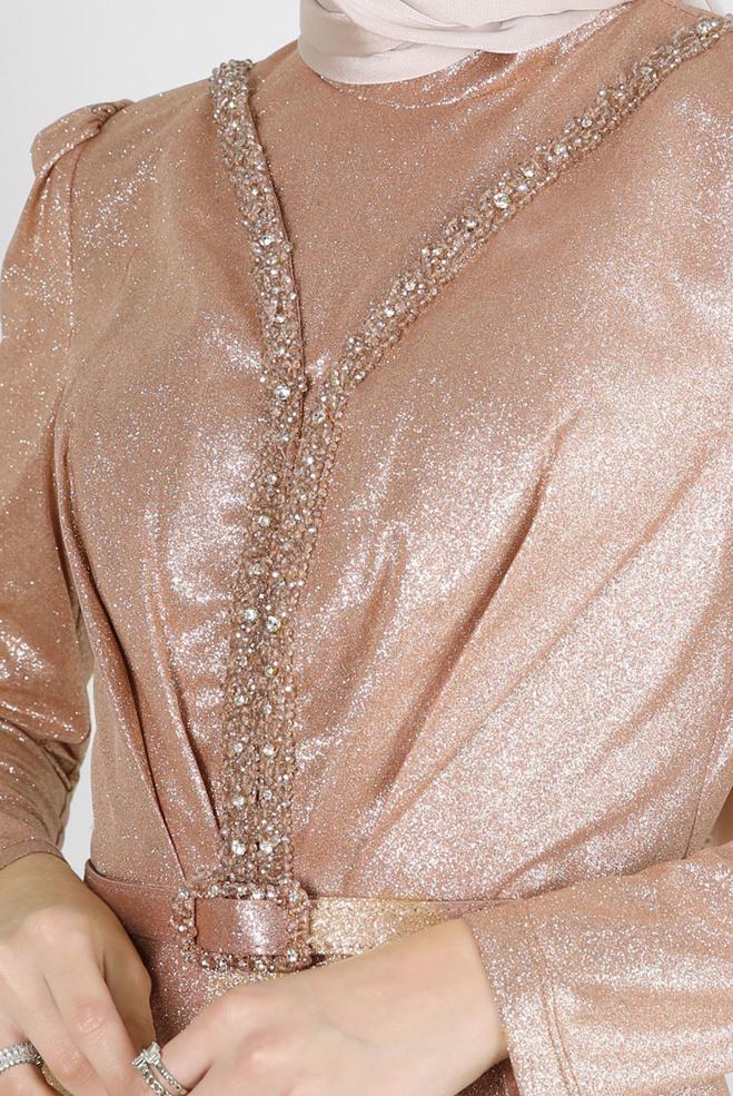 Vêtements hijab POUDRE ROBE DE SOIRÉE EN PAILLETTES AVEC GEM BRODÉ 50317 - ALVİNA