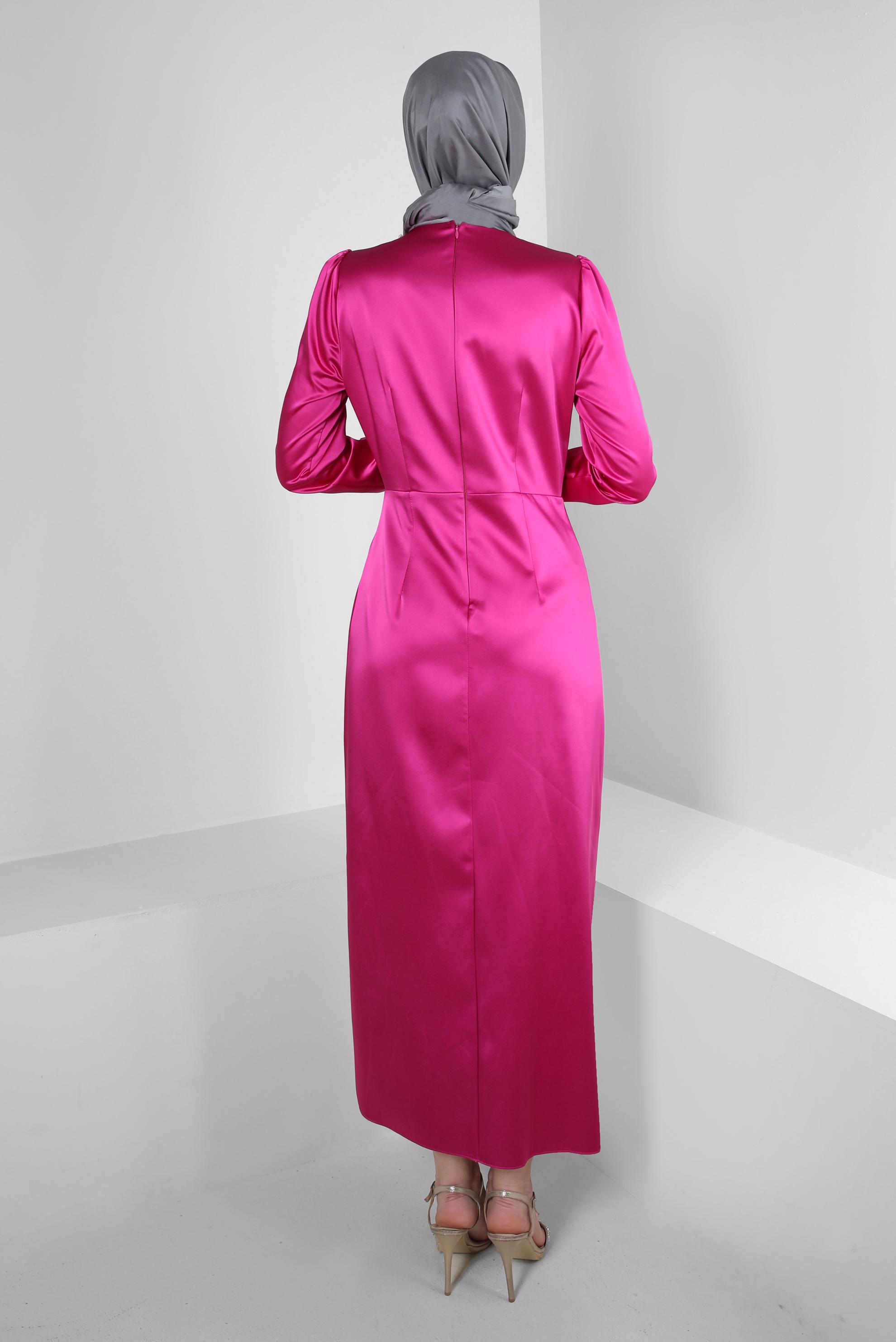 Tesettür giyim FUŞYA TAŞ DETAYLI SATEN ABİYE ELBİSE 50318