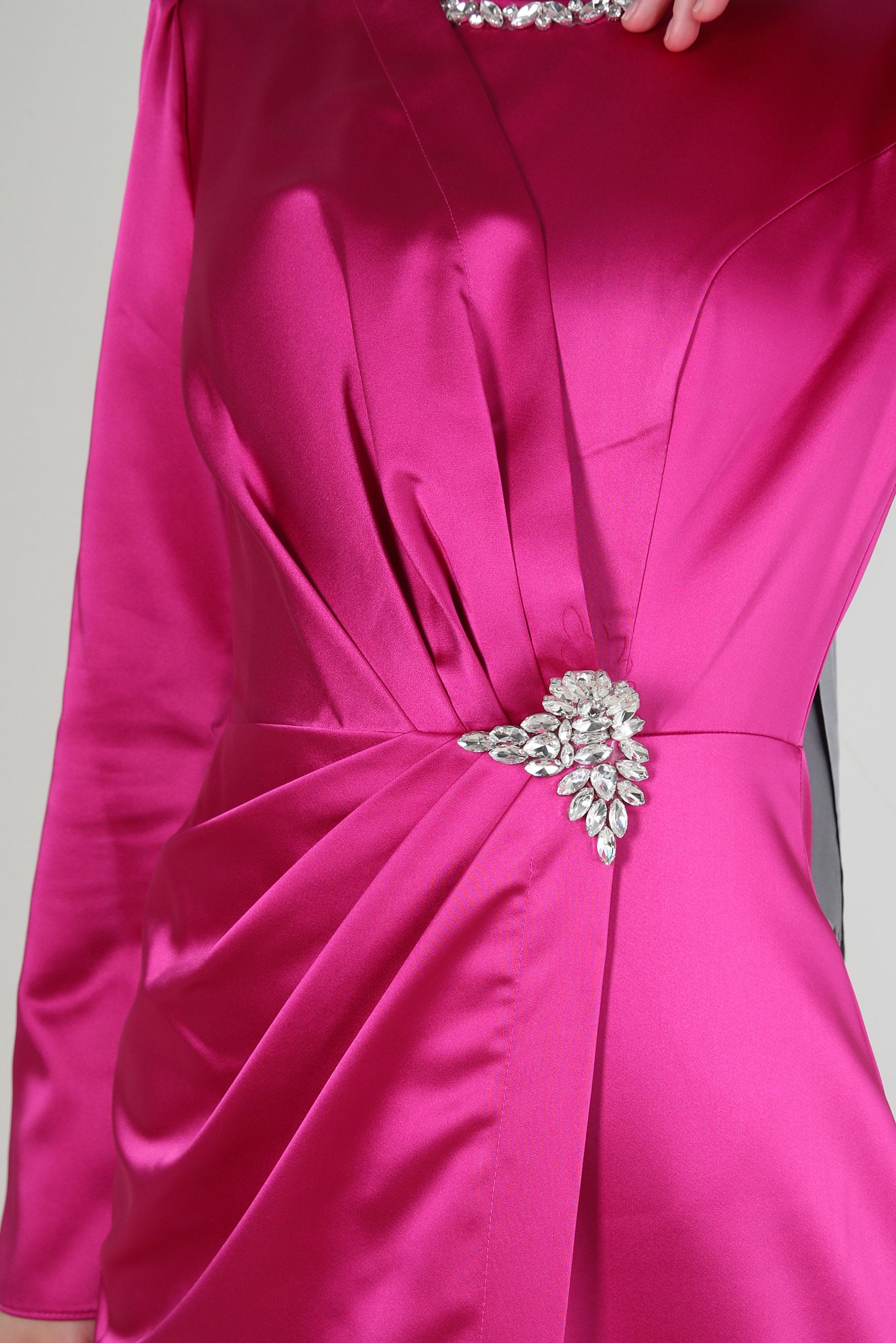 Tesettür giyim FUŞYA TAŞ DETAYLI SATEN ABİYE ELBİSE 50318