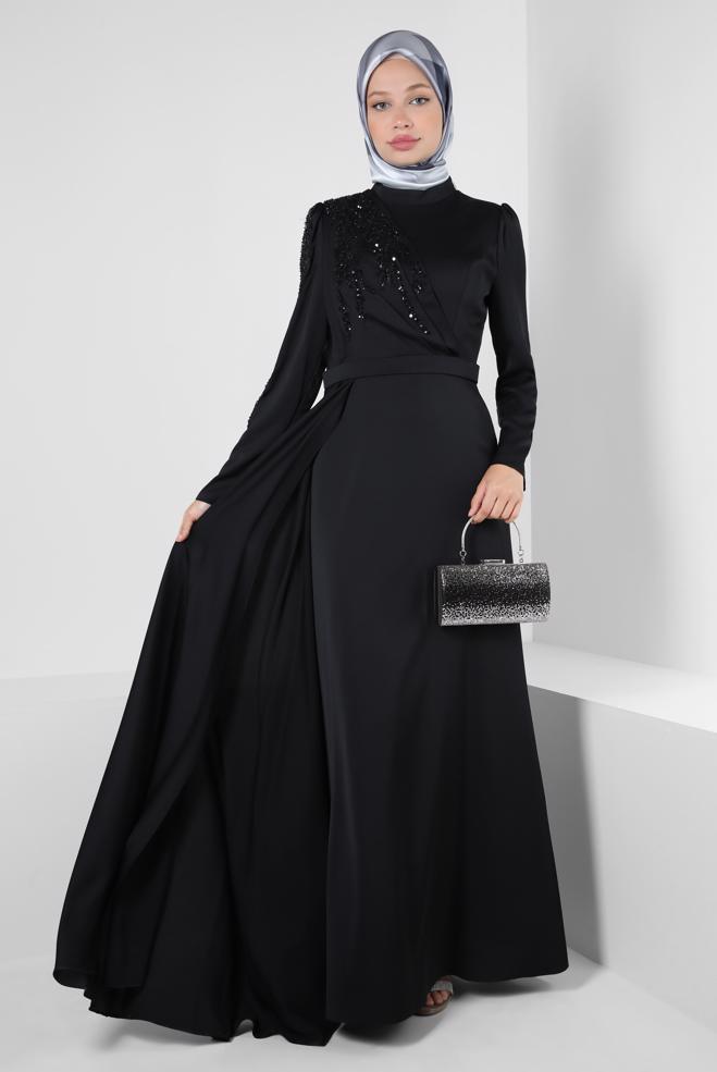 Vêtements hijab NOIR ROBE DE SOIRÉE EN SATIN À SEQUINS 50319 - ALVİNA