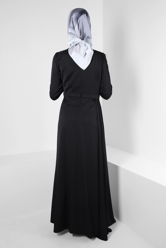 Vêtements hijab NOIR ROBE DE SOIRÉE EN SATIN À SEQUINS 50319 - ALVİNA