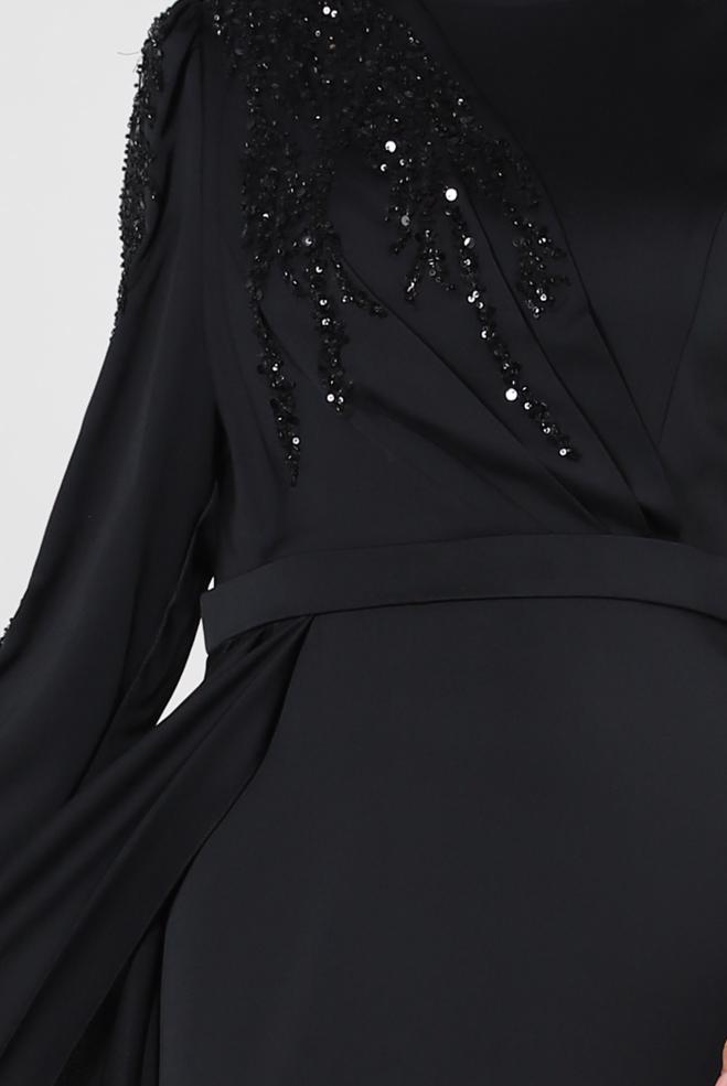 Vêtements hijab NOIR ROBE DE SOIRÉE EN SATIN À SEQUINS 50319 - ALVİNA