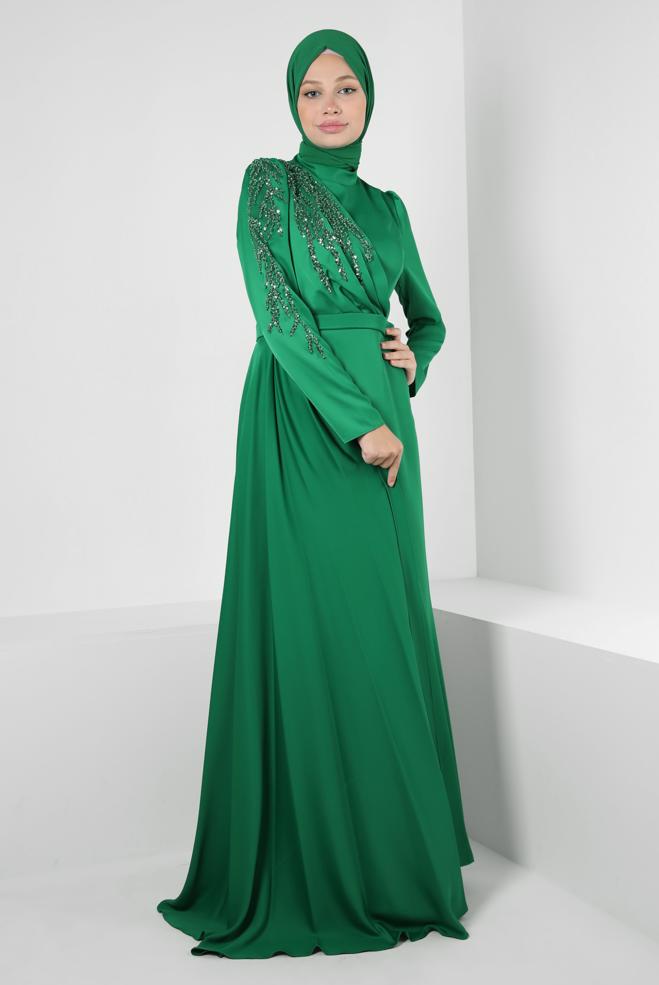Vêtements hijab VERT ROBE DE SOIRÉE EN SATIN À SEQUINS 50319 - ALVİNA