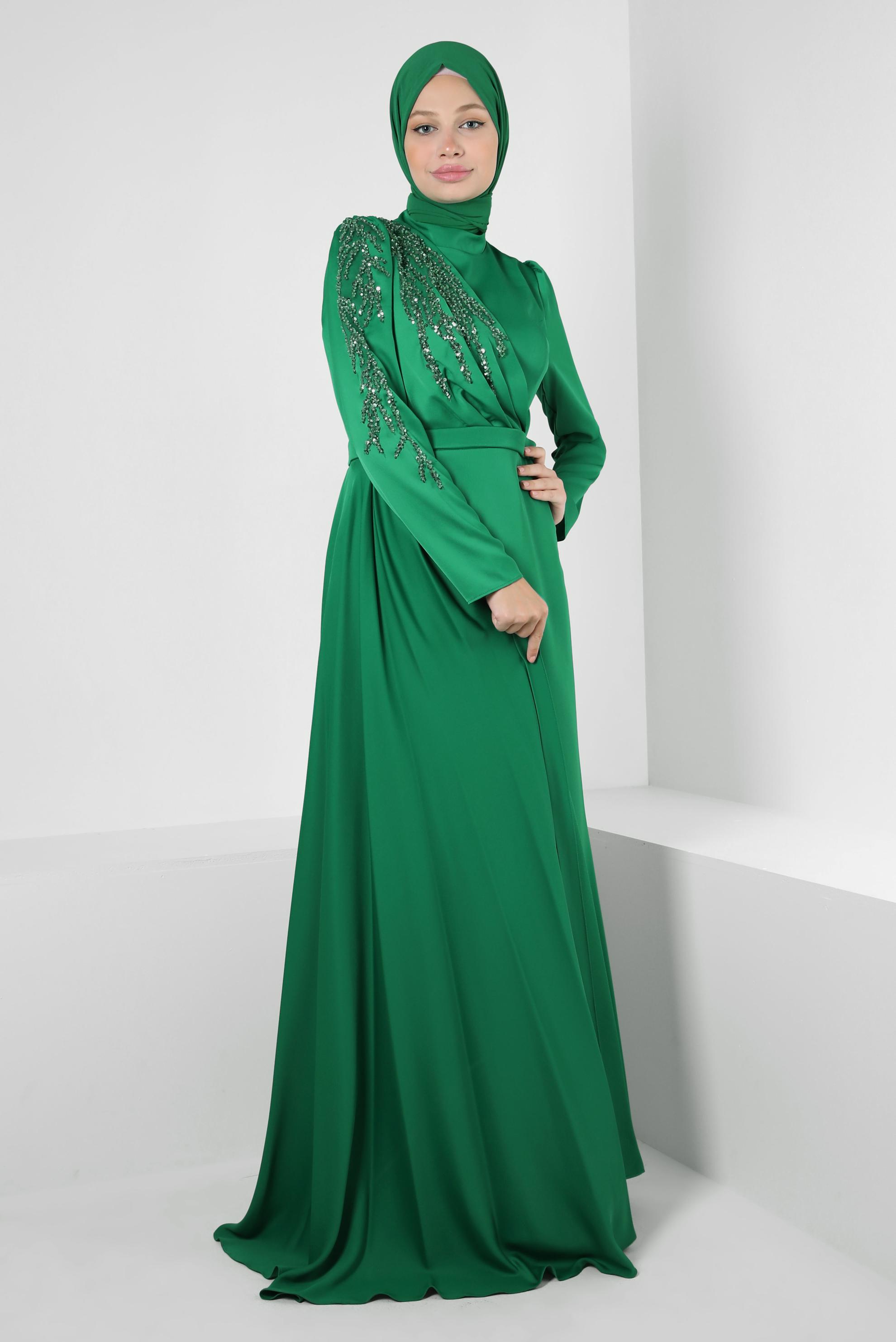 Vêtements hijab VERT ROBE DE SOIRÉE EN SATIN À SEQUINS 50319