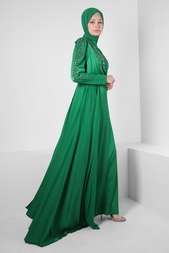 Vêtements hijab VERT ROBE DE SOIRÉE EN SATIN À SEQUINS 50319 - ALVİNA