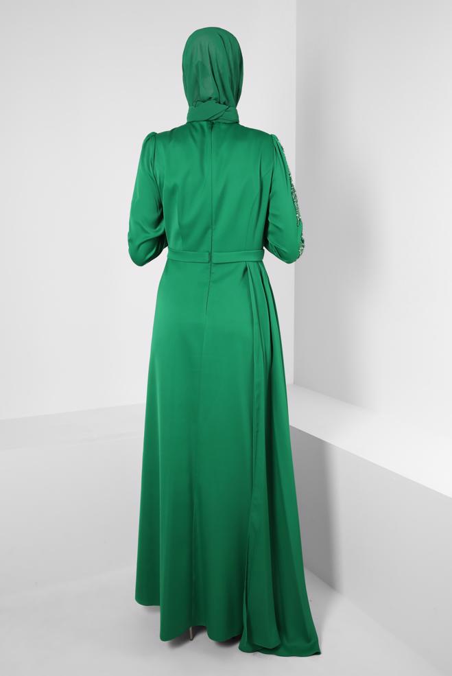 Vêtements hijab VERT ROBE DE SOIRÉE EN SATIN À SEQUINS 50319 - ALVİNA