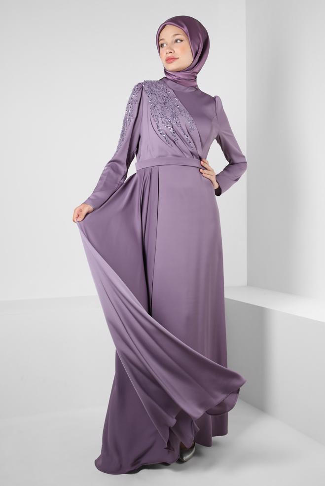 Vêtements hijab POURPRE ROBE DE SOIRÉE EN SATIN À SEQUINS 50319 - ALVİNA