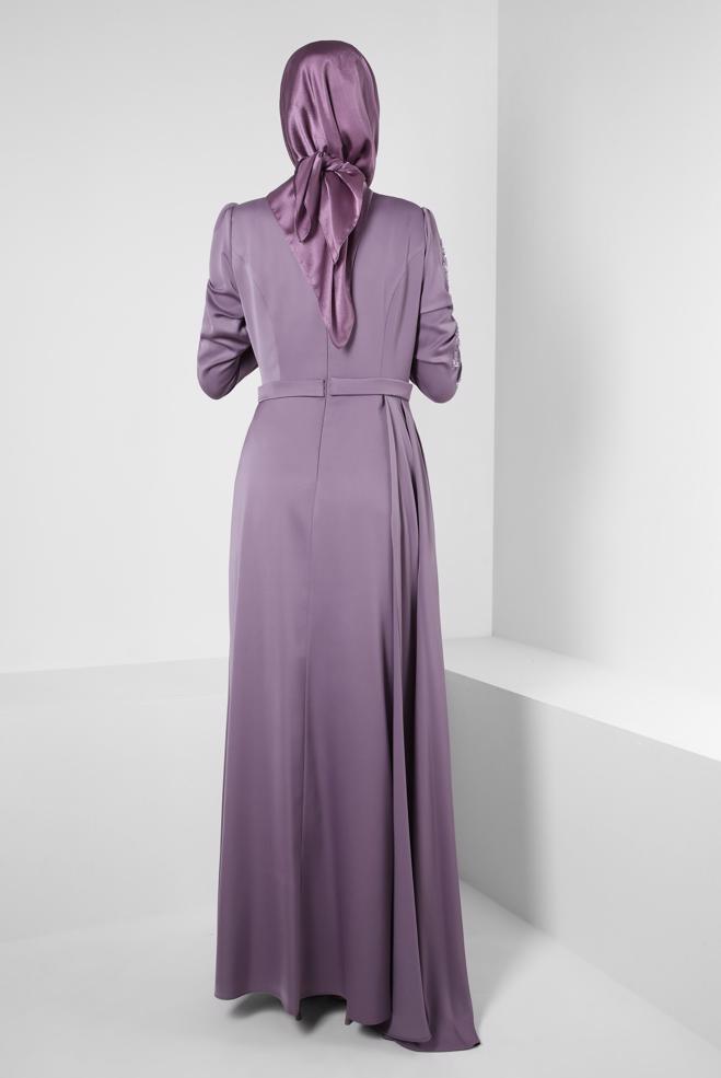 Vêtements hijab POURPRE ROBE DE SOIRÉE EN SATIN À SEQUINS 50319 - ALVİNA