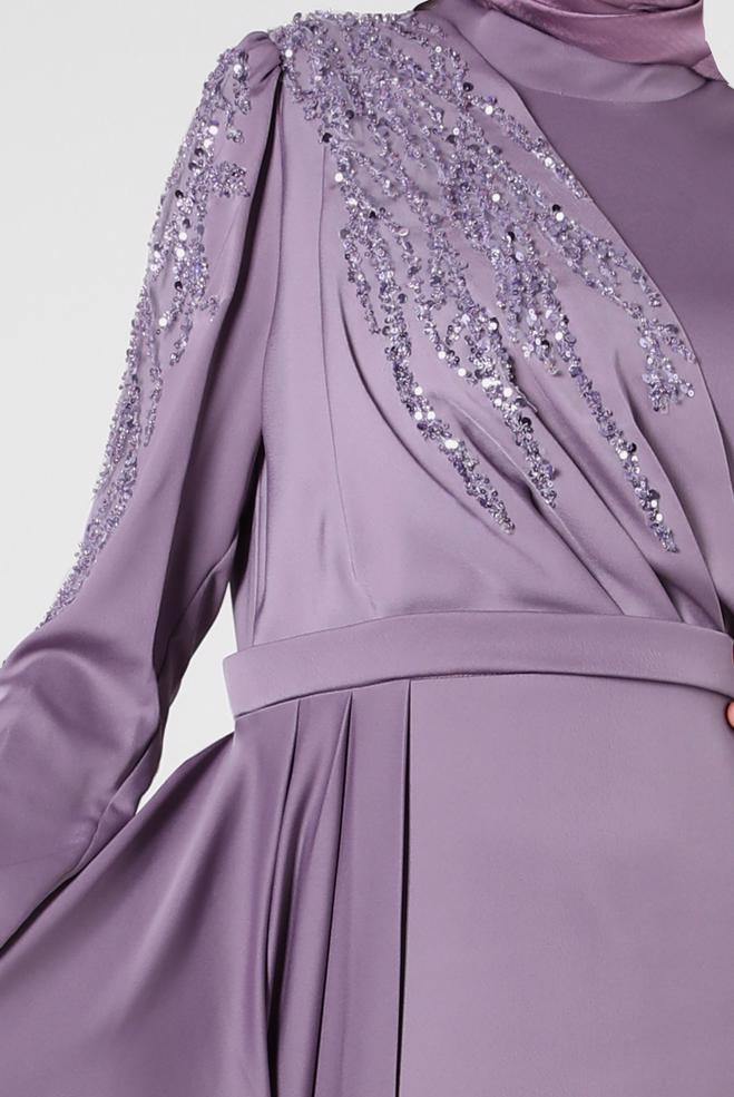 Vêtements hijab POURPRE ROBE DE SOIRÉE EN SATIN À SEQUINS 50319 - ALVİNA