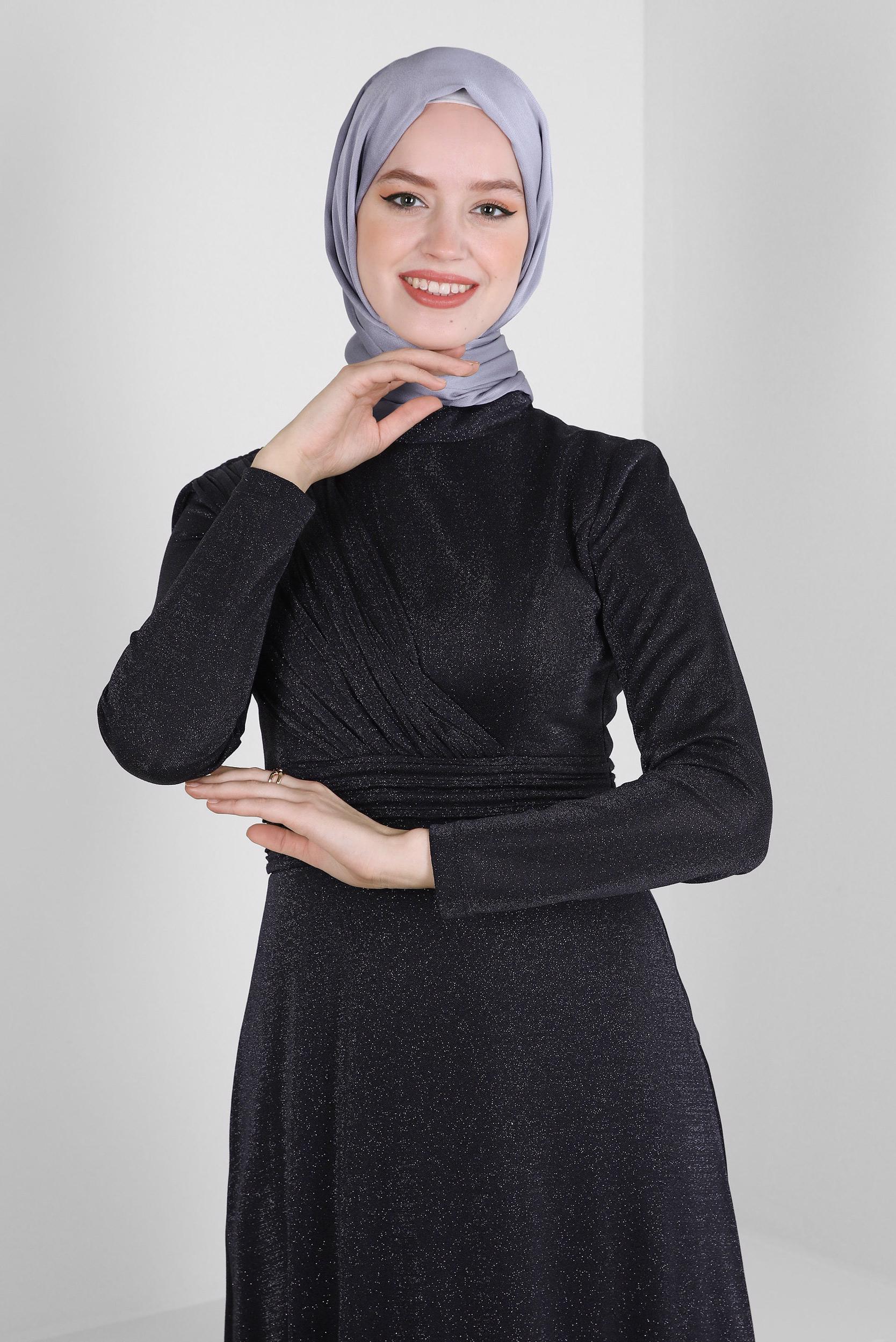 Tesettür giyim SİYAH SİMLİ DRAPE DETAYLI ABİYE ELBİSE 50321