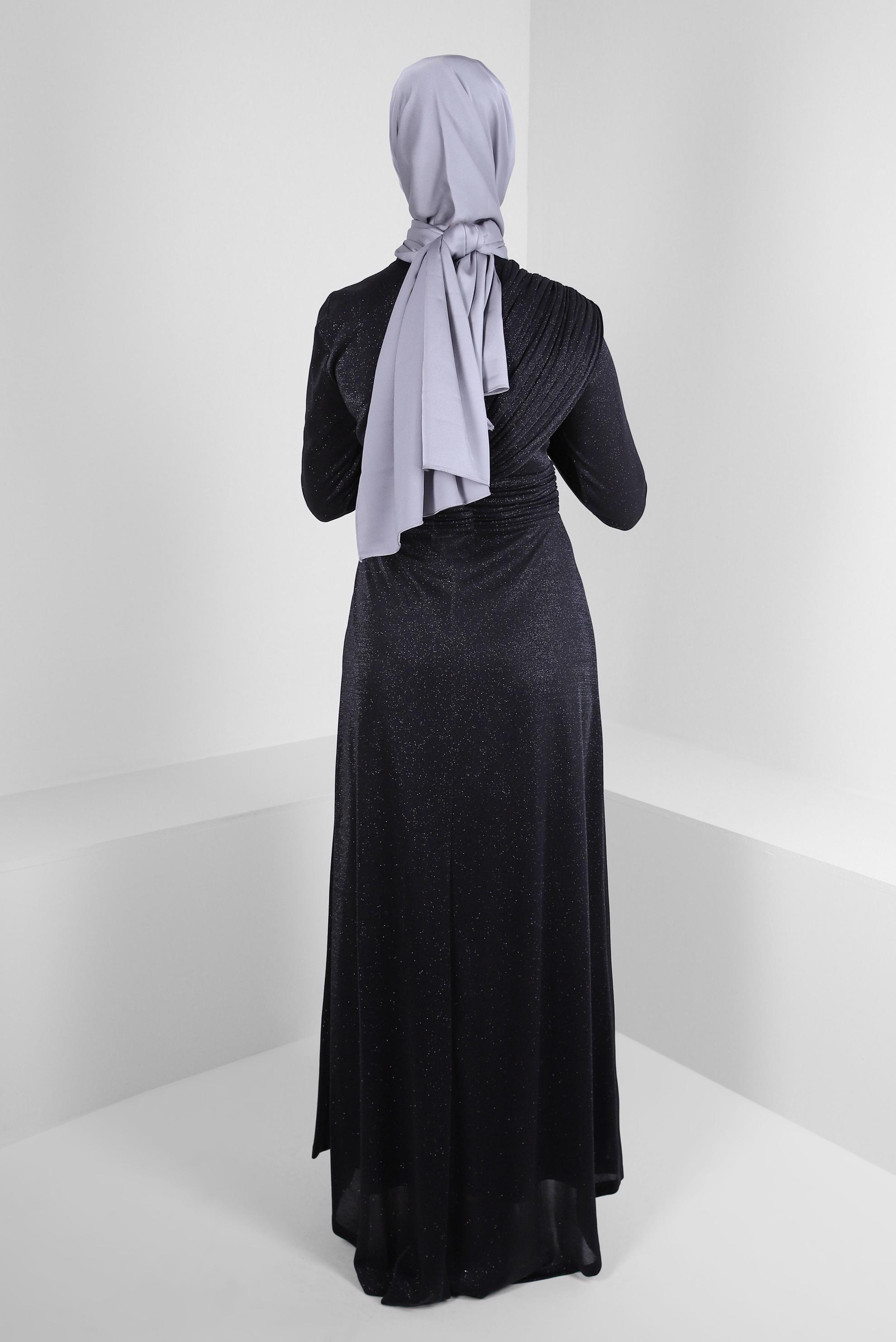 Tesettür giyim SİYAH SİMLİ DRAPE DETAYLI ABİYE ELBİSE 50321