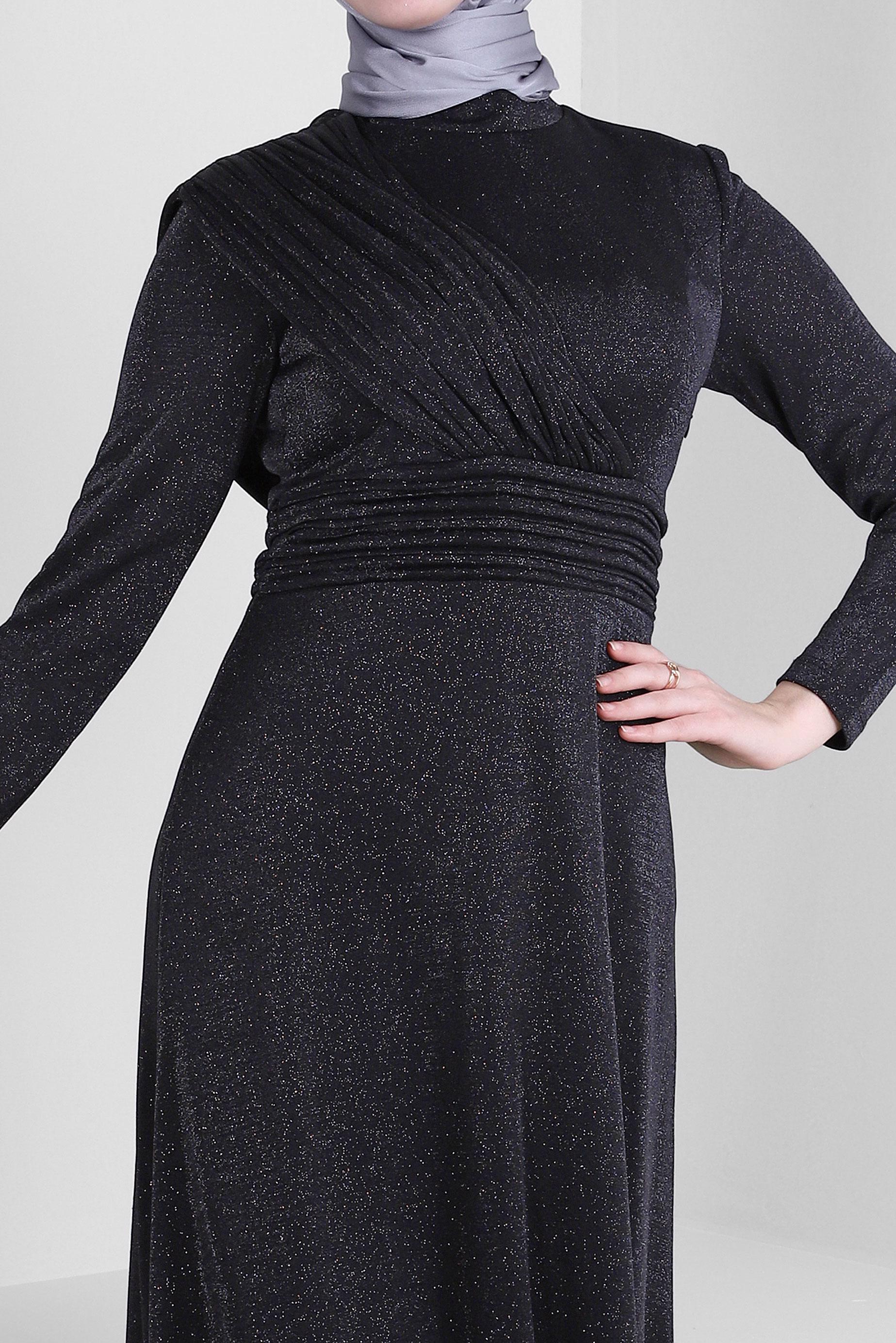 Tesettür giyim SİYAH SİMLİ DRAPE DETAYLI ABİYE ELBİSE 50321