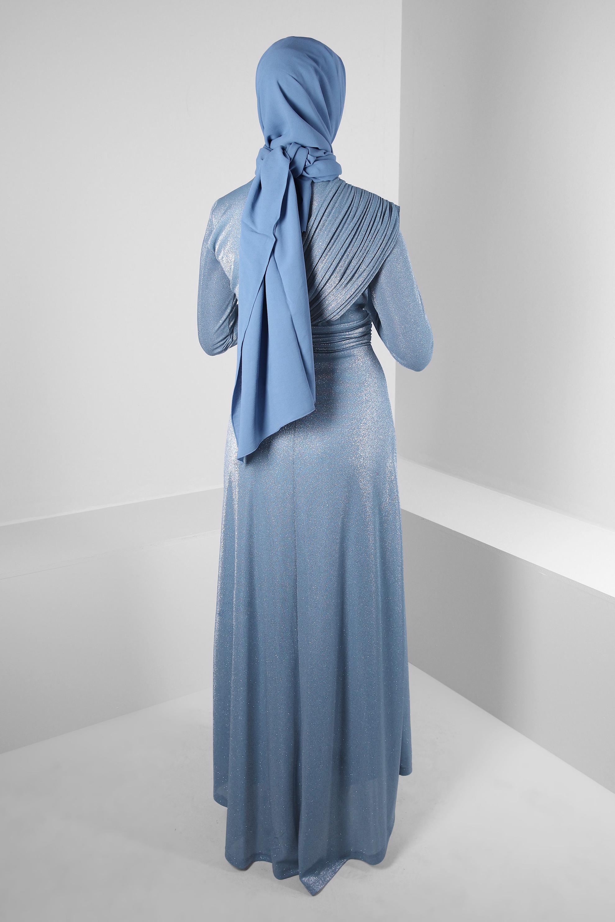 Tesettür giyim MAVİ SİMLİ DRAPE DETAYLI ABİYE ELBİSE 50321