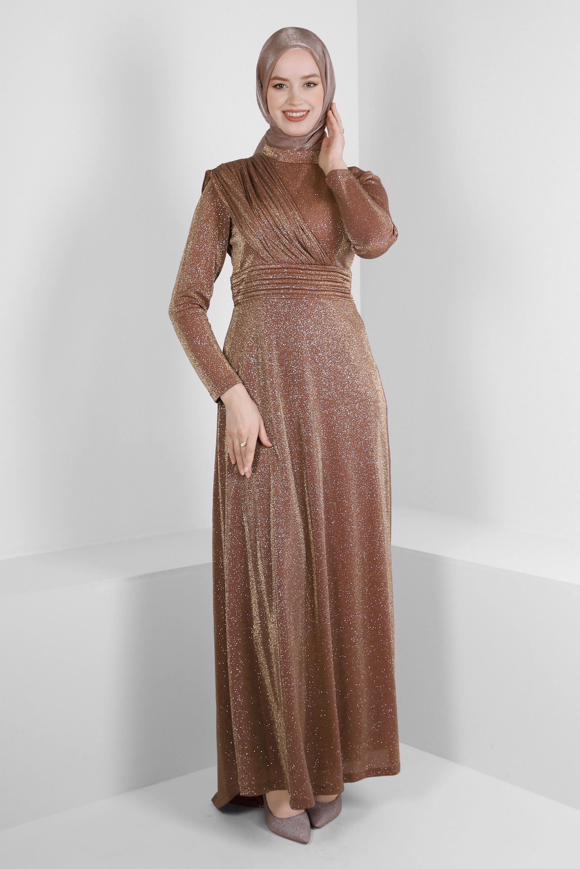 Tesettür giyim KAHVE SİMLİ DRAPE DETAYLI ABİYE ELBİSE 50321