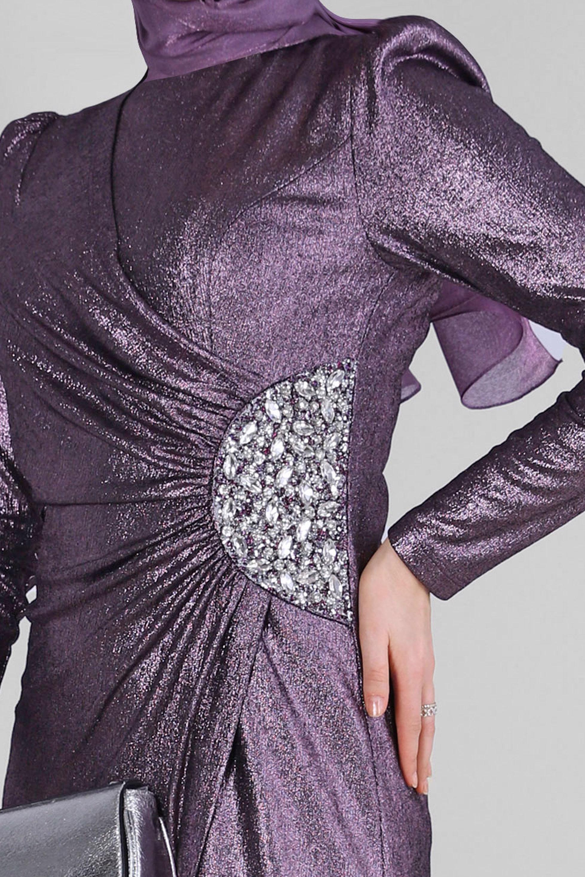 Tesettür giyim SİYAH TAŞ İŞLEMELİ BÜZGÜLÜ ABİYE ELBİSE 50322