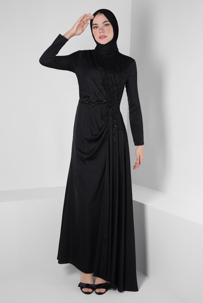 Vêtements hijab NOIR ROBE DE SOIRÉE EN SATIN 50323 - ALVİNA