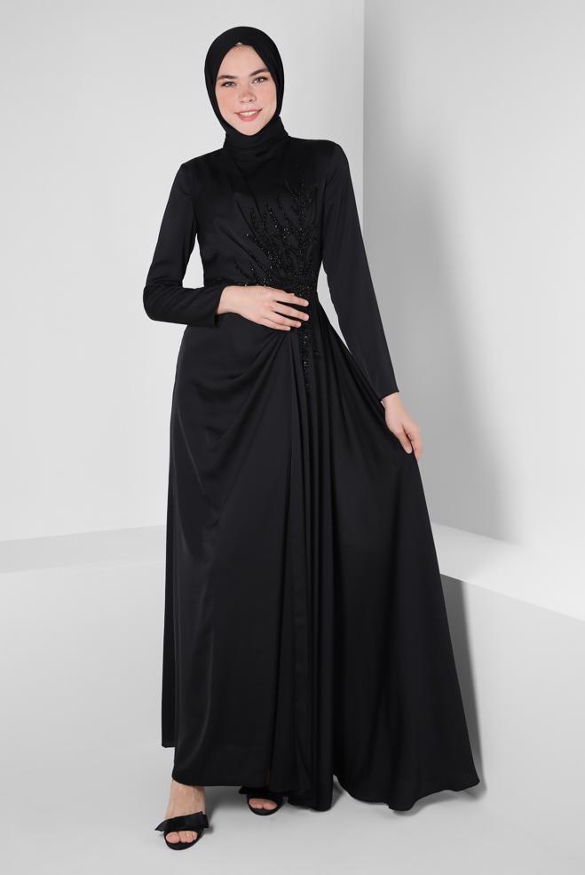 Vêtements hijab NOIR ROBE DE SOIRÉE EN SATIN 50323 - ALVİNA