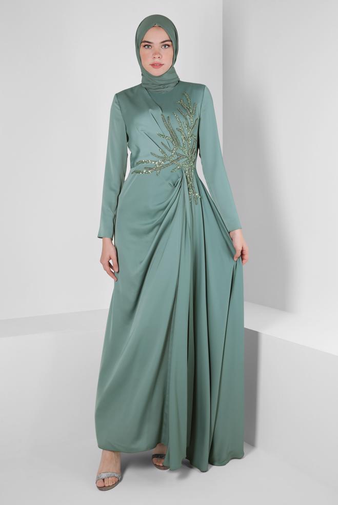 Vêtements hijab VERT ROBE DE SOIRÉE EN SATIN 50323 - ALVİNA