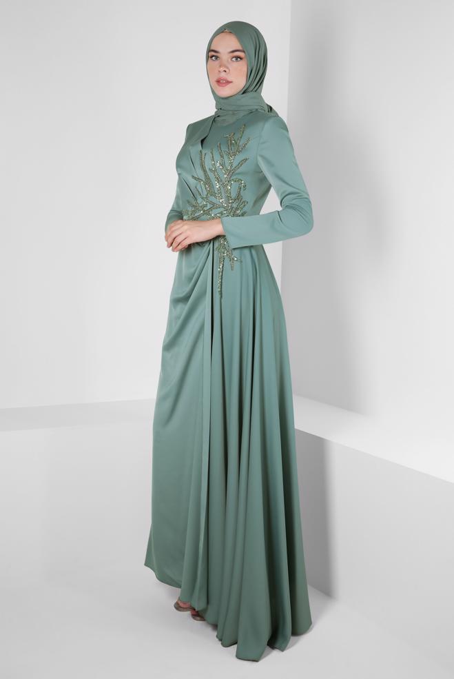 Vêtements hijab VERT ROBE DE SOIRÉE EN SATIN 50323 - ALVİNA