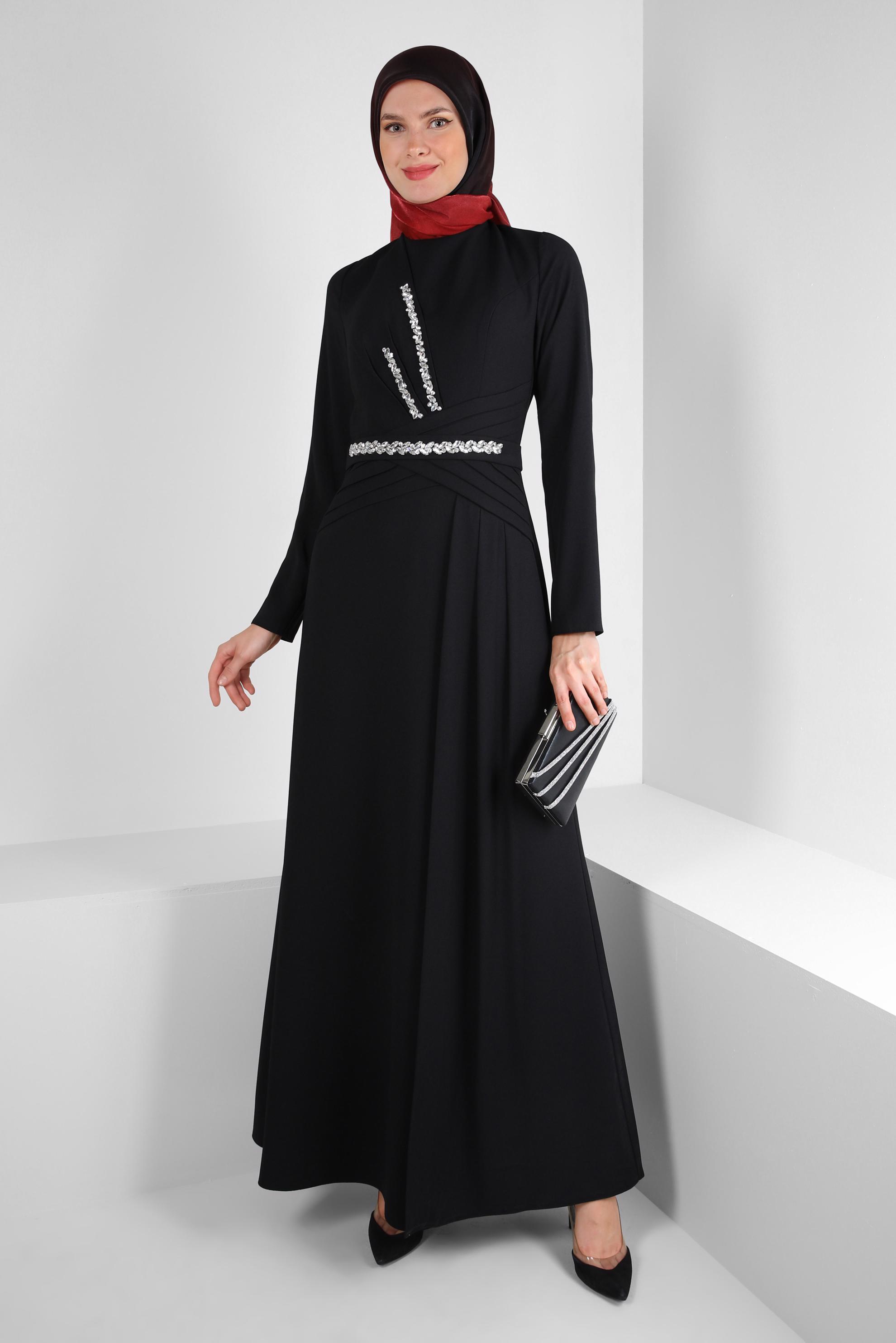 Vêtements hijab NOIR ROBE DE SOIRÉE DÉTAIL PLIS AVEC GEM BRODÉ 50324
