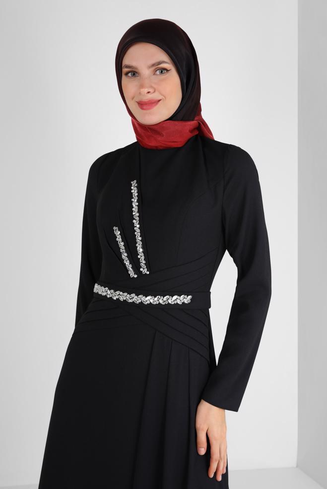 Vêtements hijab NOIR ROBE DE SOIRÉE DÉTAIL PLIS AVEC GEM BRODÉ 50324 - ALVİNA