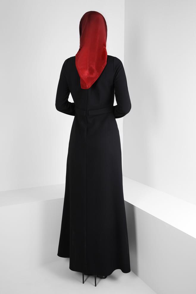 Vêtements hijab NOIR ROBE DE SOIRÉE DÉTAIL PLIS AVEC GEM BRODÉ 50324 - ALVİNA