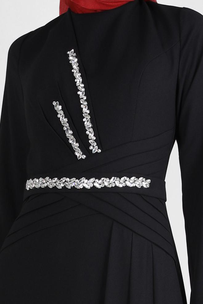 Vêtements hijab NOIR ROBE DE SOIRÉE DÉTAIL PLIS AVEC GEM BRODÉ 50324 - ALVİNA