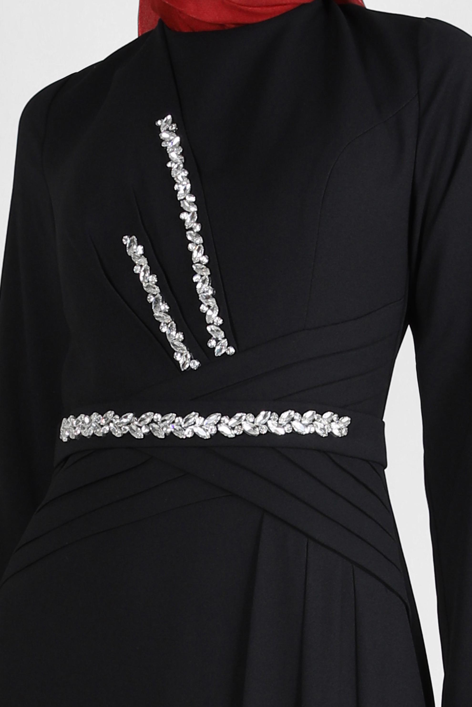 Vêtements hijab NOIR ROBE DE SOIRÉE DÉTAIL PLIS AVEC GEM BRODÉ 50324