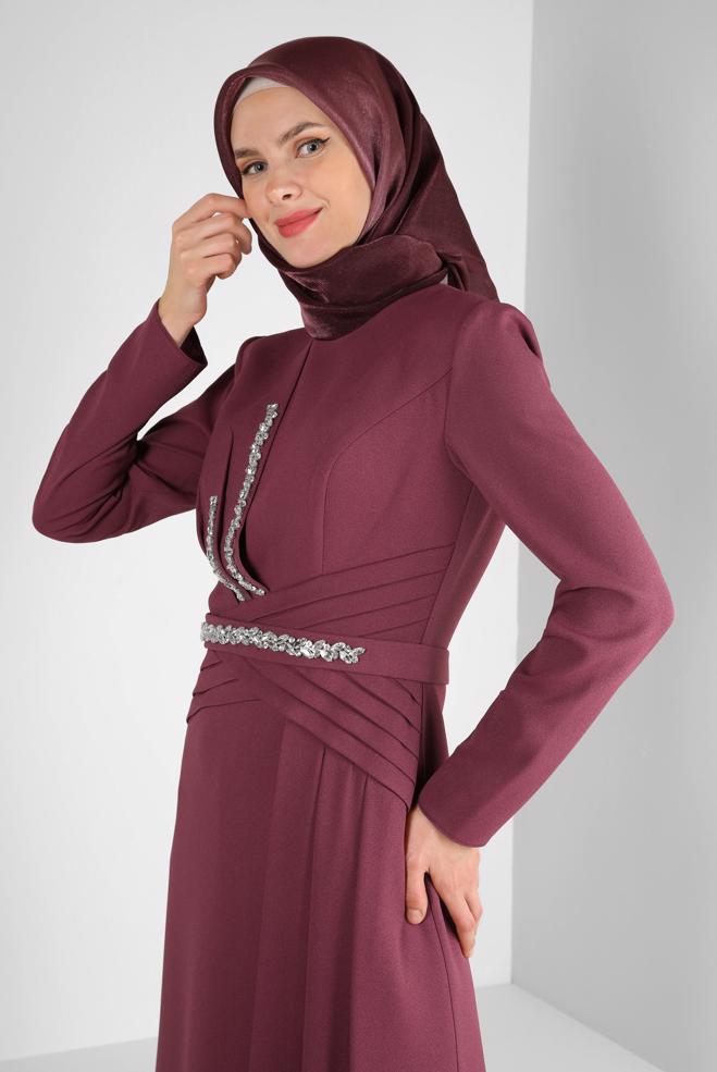Hijab-Kleidung ROSA PİLİSE DETAYLI TAŞ BASKILI KREP ABİYE ELBİSE 50324 - ALVİNA