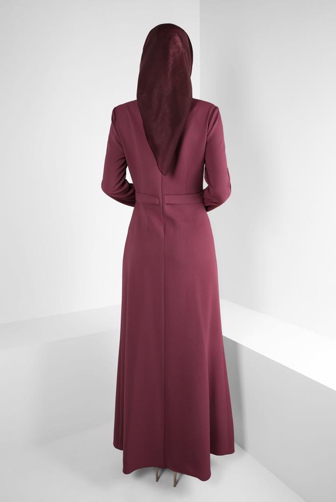 Hijab-Kleidung ROSA PİLİSE DETAYLI TAŞ BASKILI KREP ABİYE ELBİSE 50324 - ALVİNA