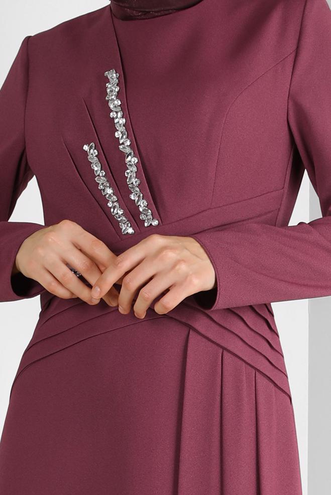 Hijab-Kleidung ROSA PİLİSE DETAYLI TAŞ BASKILI KREP ABİYE ELBİSE 50324 - ALVİNA