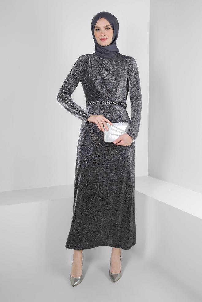 Tesettür giyim  KOLU VE BELİ TAŞ BASKILI SİMLİ ABİYE ELBİSE 50325 - ALVİNA