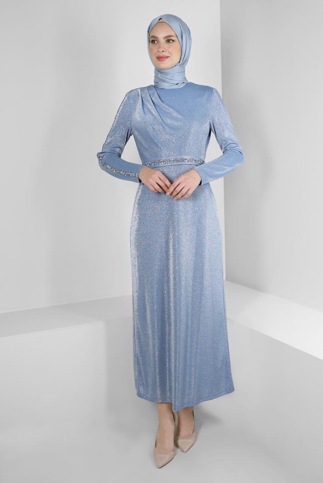 Vêtements hijab BLEU MARINE ROBE DE SOIRÉE EN SEQUINS BRODÉS DE GEMMES 50325 - ALVİNA