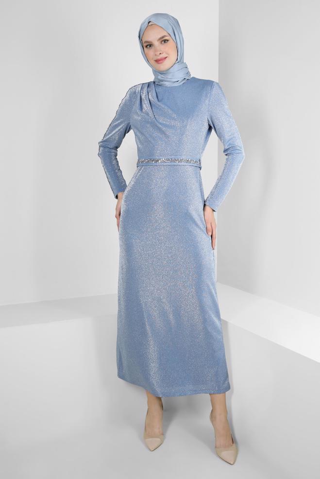 Vêtements hijab BLEU MARINE ROBE DE SOIRÉE EN SEQUINS BRODÉS DE GEMMES 50325 - ALVİNA