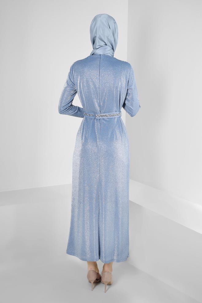 Vêtements hijab BLEU MARINE ROBE DE SOIRÉE EN SEQUINS BRODÉS DE GEMMES 50325 - ALVİNA