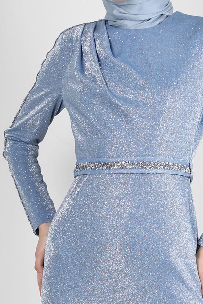 Vêtements hijab BLEU MARINE ROBE DE SOIRÉE EN SEQUINS BRODÉS DE GEMMES 50325 - ALVİNA