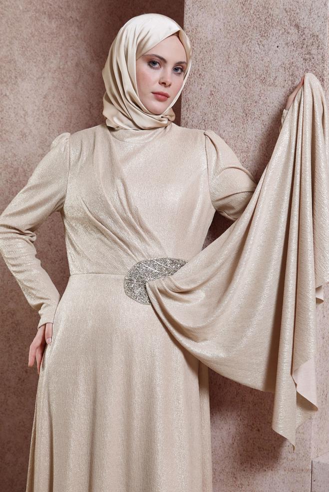 Vêtements hijab BEIGE ROBE DE SOIRÉE BRODÉE GEMMES 50327 - ALVİNA