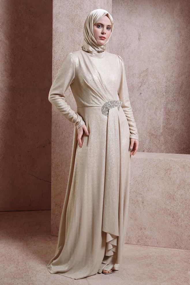 Vêtements hijab BEIGE ROBE DE SOIRÉE BRODÉE GEMMES 50327 - ALVİNA