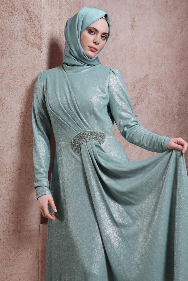 Vêtements hijab VERT ROBE DE SOIRÉE BRODÉE GEMMES 50327 - ALVİNA