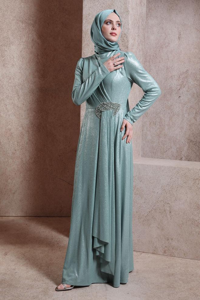Vêtements hijab VERT ROBE DE SOIRÉE BRODÉE GEMMES 50327 - ALVİNA