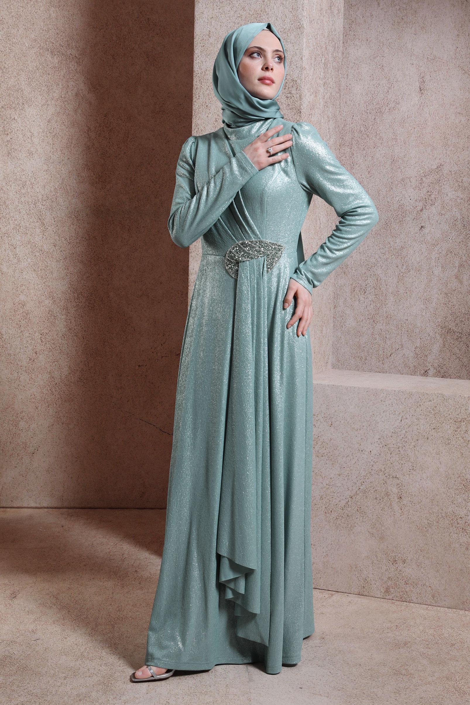 Vêtements hijab VERT ROBE DE SOIRÉE BRODÉE GEMMES 50327